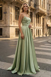 Strapless Sage Green Satin A-line Long Prom Dress With Slit