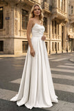 Strapless Sage Green Satin A-line Long Prom Dress With Slit