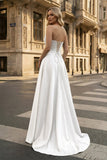 Strapless Sage Green Satin A-line Long Prom Dress With Slit