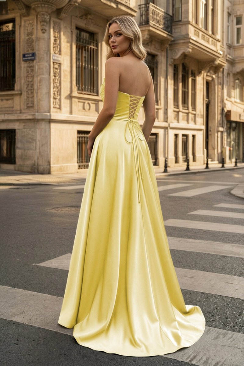 Strapless Sage Green Satin A-line Long Prom Dress With Slit