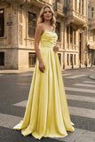 Strapless Sage Green Satin A-line Long Prom Dress With Slit