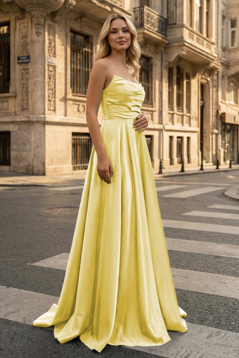 Strapless Sage Green Satin A-line Long Prom Dress With Slit