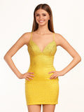 Sheath Yellow Fitted Short Homecoming Dress With Beads