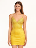 Sheath Yellow Fitted Short Homecoming Dress With Beads