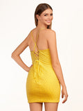 Sheath Yellow Fitted Short Homecoming Dress With Beads