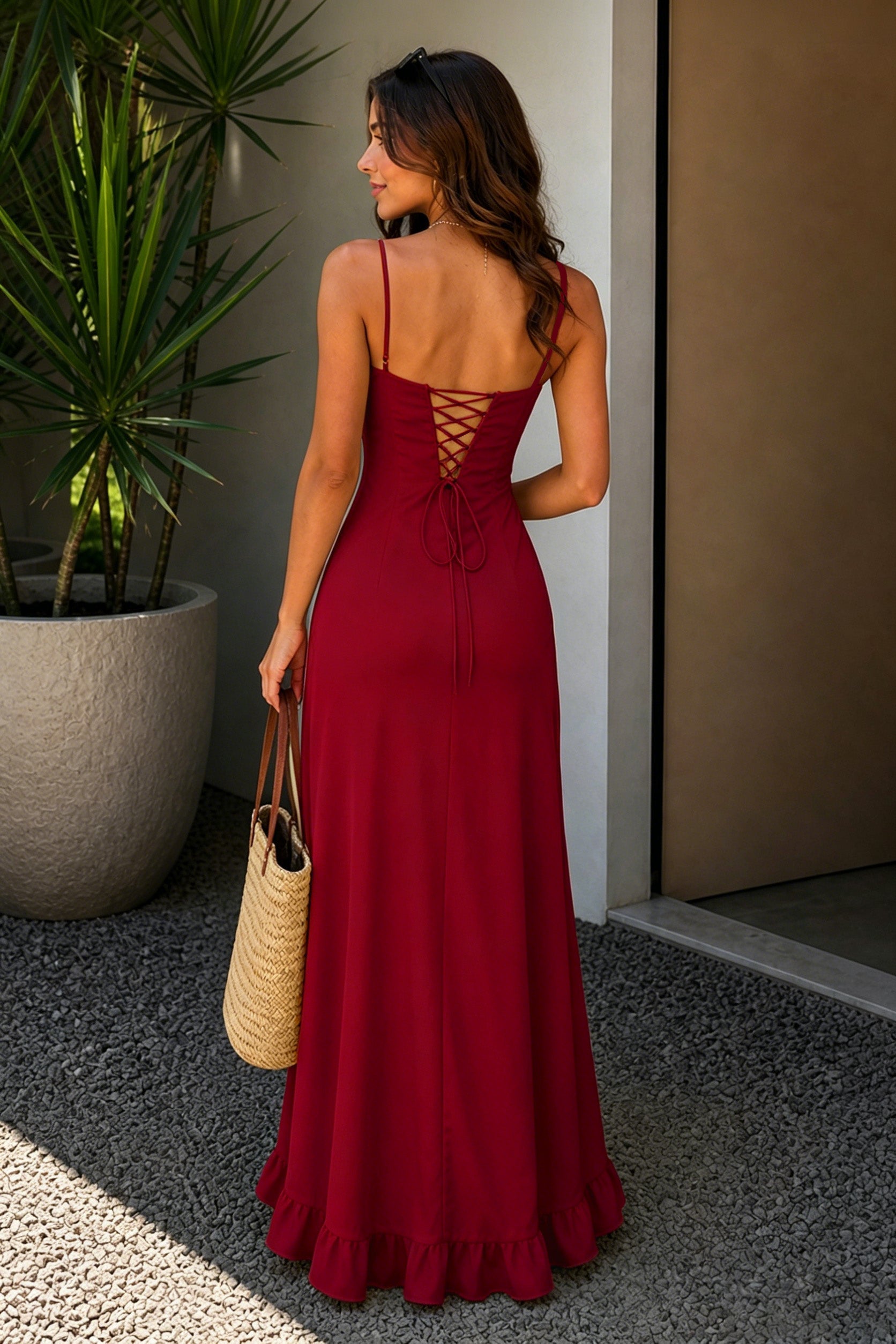 Yellow Sheath Satin Spaghetti Straps Long Prom Dresses with Ruffles