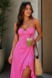 Yellow Sheath Satin Spaghetti Straps Long Prom Dresses with Ruffles