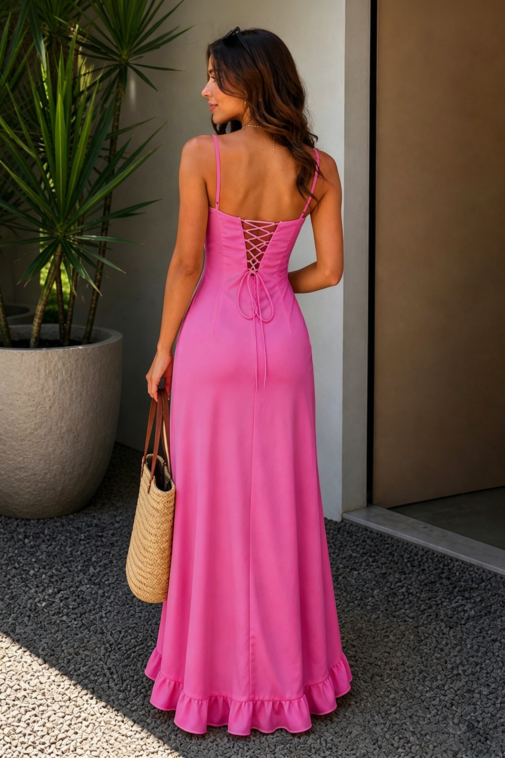 Yellow Sheath Satin Spaghetti Straps Long Prom Dresses with Ruffles