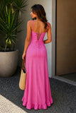 Yellow Sheath Satin Spaghetti Straps Long Prom Dresses with Ruffles