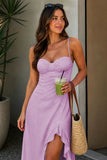 Yellow Sheath Satin Spaghetti Straps Long Prom Dresses with Ruffles