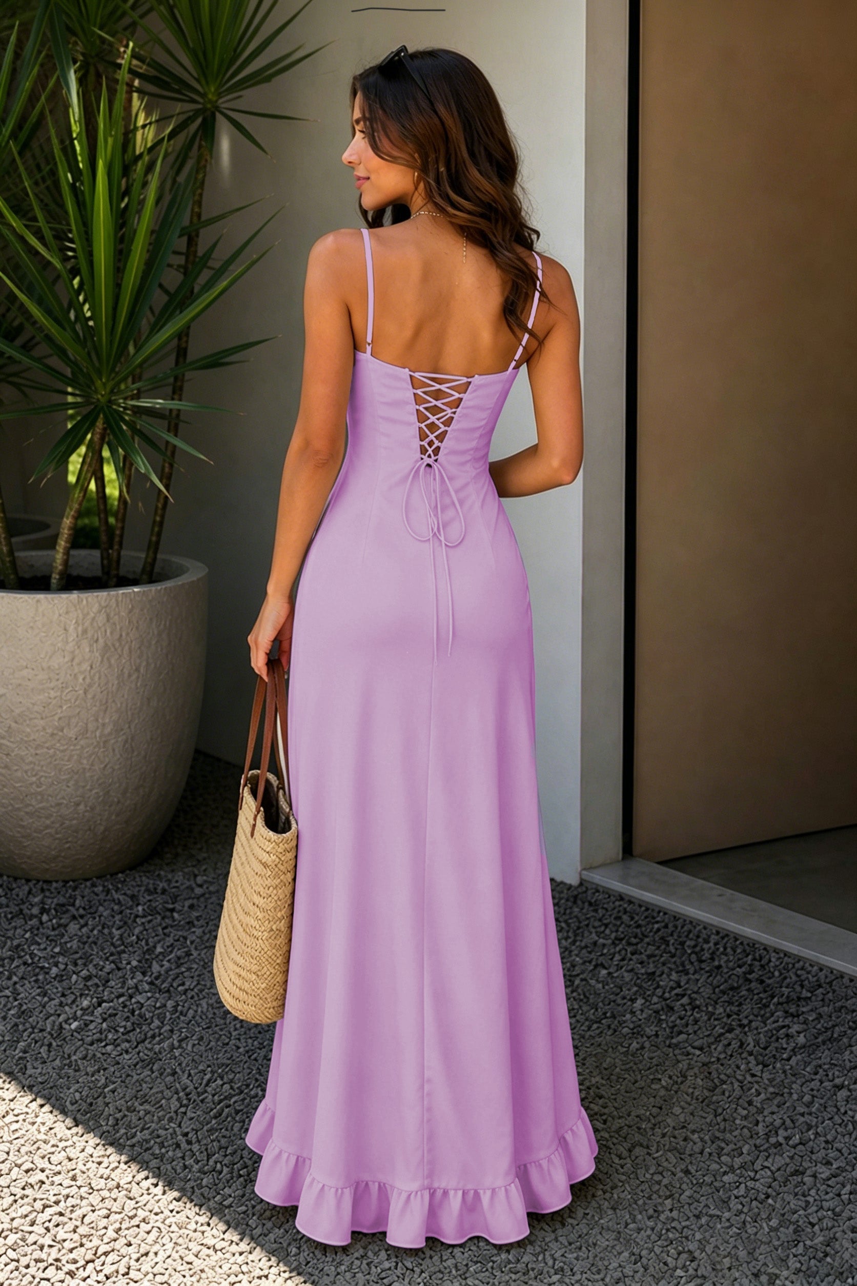 Yellow Sheath Satin Spaghetti Straps Long Prom Dresses with Ruffles