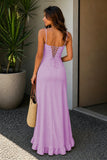 Yellow Sheath Satin Spaghetti Straps Long Prom Dresses with Ruffles