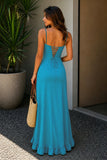Yellow Sheath Satin Spaghetti Straps Long Prom Dresses with Ruffles