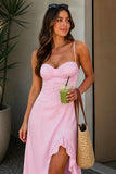 Yellow Sheath Satin Spaghetti Straps Long Prom Dresses with Ruffles
