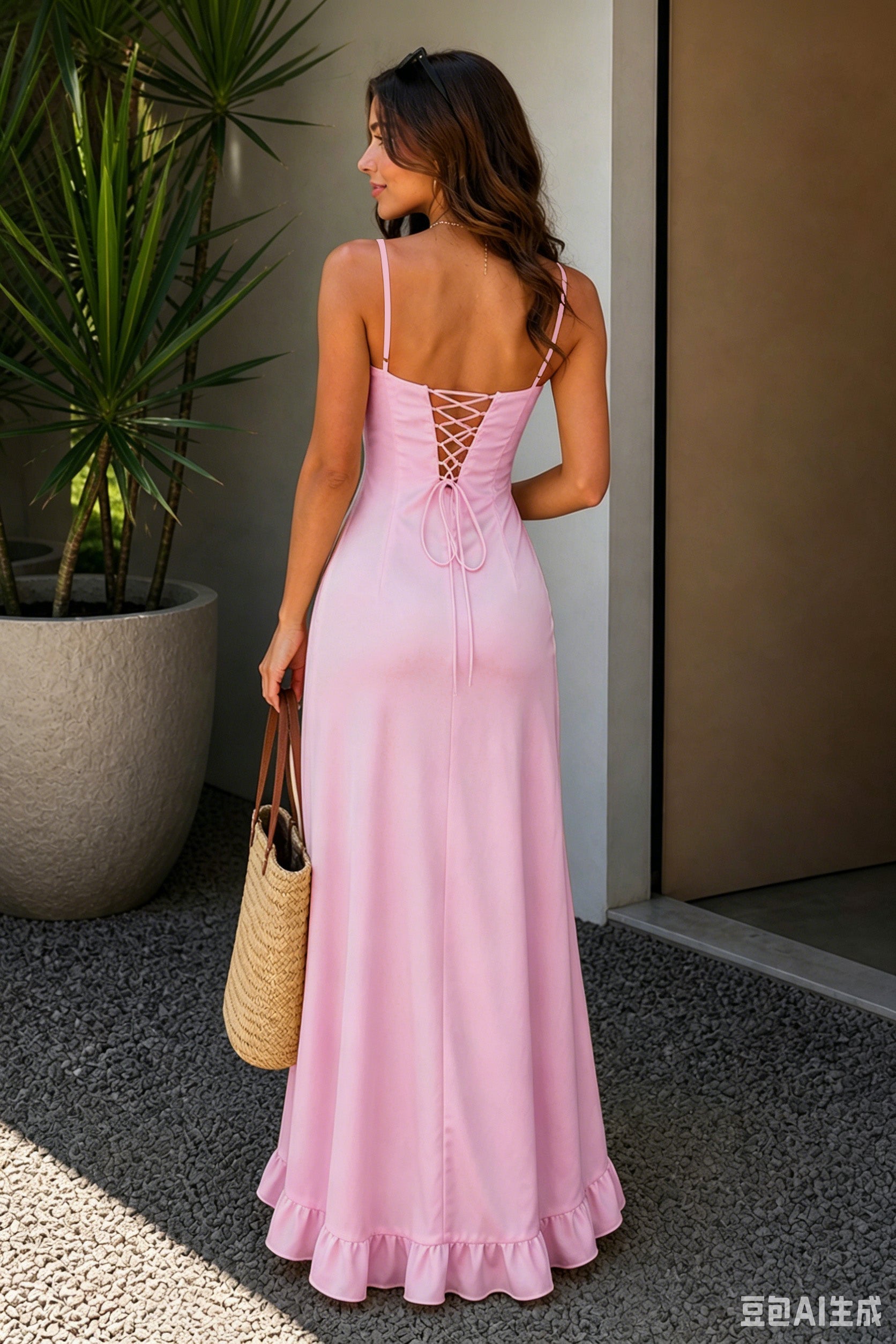 Yellow Sheath Satin Spaghetti Straps Long Prom Dresses with Ruffles