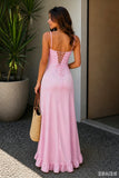 Yellow Sheath Satin Spaghetti Straps Long Prom Dresses with Ruffles