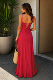 Yellow Sheath Satin Spaghetti Straps Long Prom Dresses with Ruffles