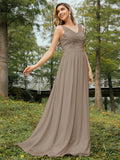 A-Line/Princess Chiffon Lace V-neck Sleeveless Floor-Length Bridesmaid Dresses Evening Prom Dress