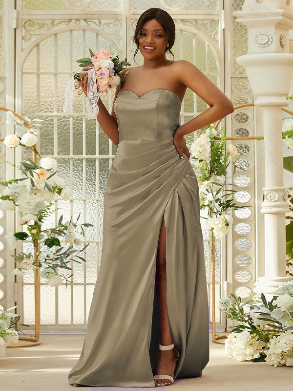 Sheath/Column Silk like Satin Ruched Sweetheart Sleeveless Sweep/Brush Train Bridesmaid Dresses Evening Dress