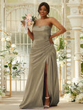 Sheath/Column Silk like Satin Ruched Sweetheart Sleeveless Sweep/Brush Train Bridesmaid Dresses Evening Dress