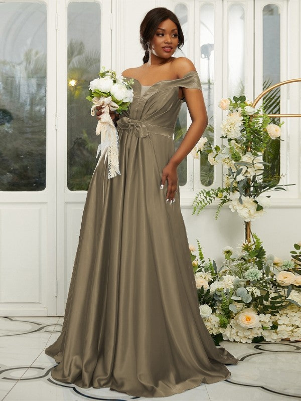 A-Line/Princess Silk like Satin Ruffles Off-the-Shoulder Sleeveless Sweep/Brush Train Bridesmaid Dresses Evening Dress