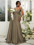 A-Line/Princess Silk like Satin Ruffles Off-the-Shoulder Sleeveless Sweep/Brush Train Bridesmaid Dresses Evening Dress