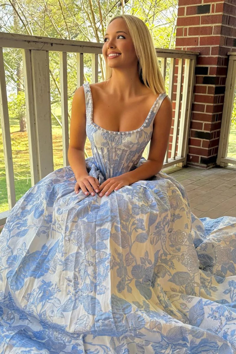 Blue Square Neck A Line Floral Jacquard Prom Dresses With Pearls
