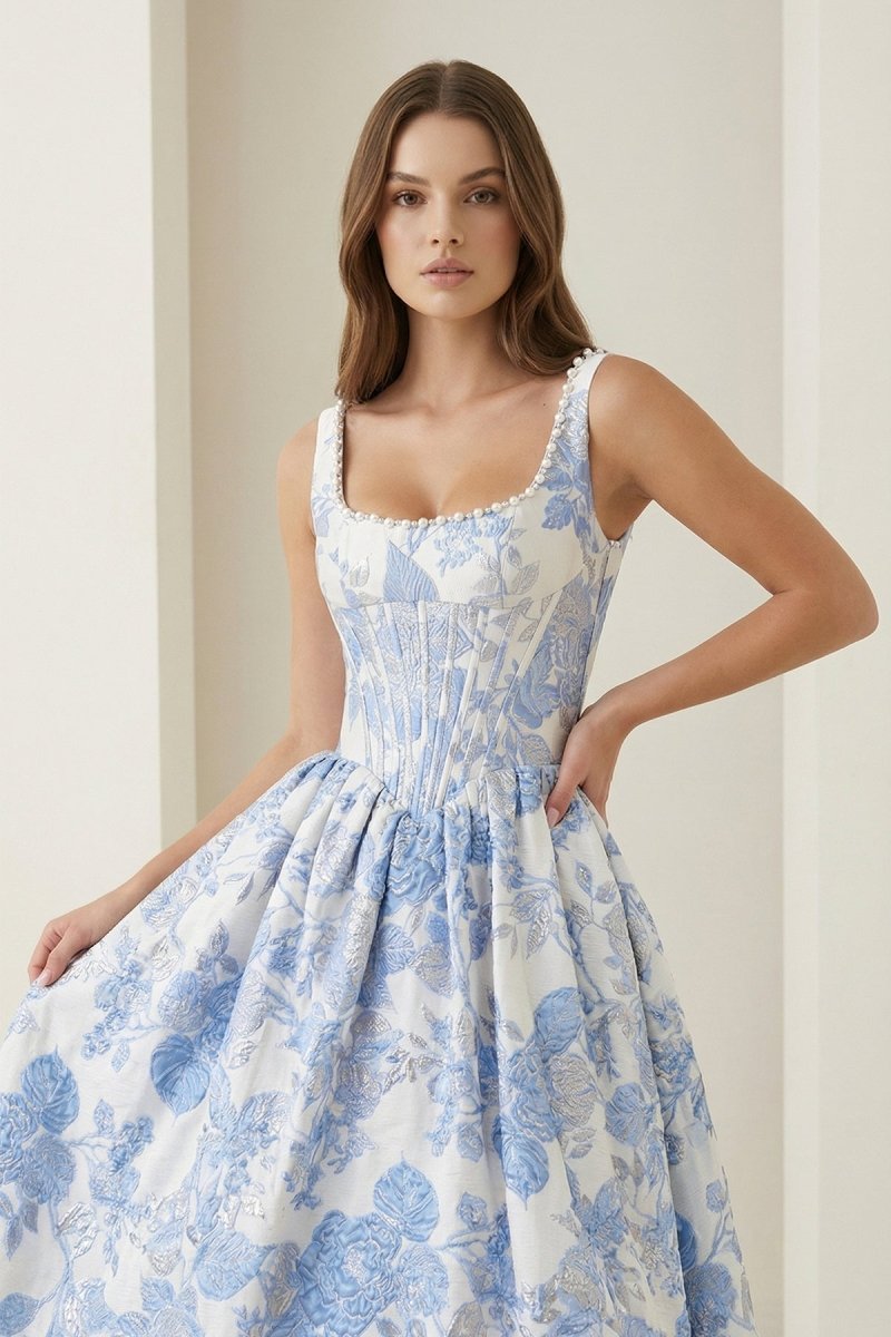 Blue Square Neck A Line Floral Jacquard Prom Dresses With Pearls