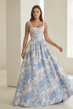 Blue Square Neck A Line Floral Jacquard Prom Dresses With Pearls