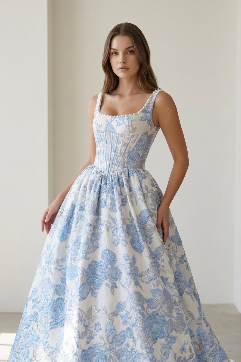 Blue Square Neck A Line Floral Jacquard Prom Dresses With Pearls