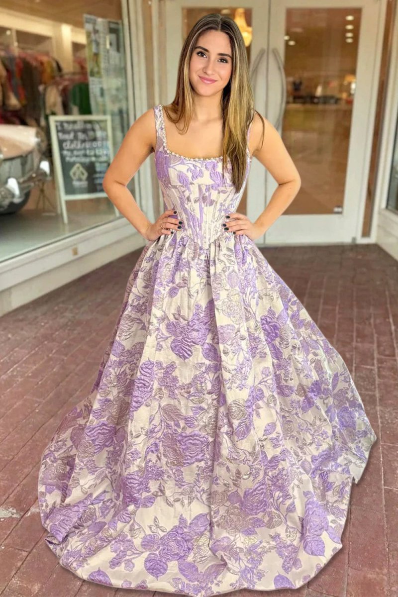Blue Square Neck A Line Floral Jacquard Prom Dresses With Pearls