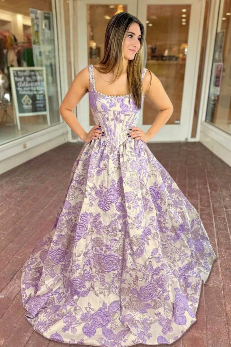 Blue Square Neck A Line Floral Jacquard Prom Dresses With Pearls