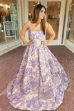 Blue Square Neck A Line Floral Jacquard Prom Dresses With Pearls