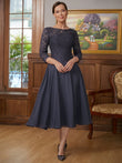 A-Linie/Princess-Linie Chiffon Spitze U-Ausschnitt 3/4 Ärmel Wadenlang Kleider für die Brautmutter