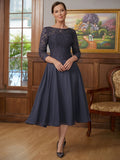 A-Linie/Princess-Linie Chiffon Spitze U-Ausschnitt 3/4 Ärmel Wadenlang Kleider für die Brautmutter