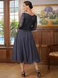 A-Linie/Princess-Linie Chiffon Spitze U-Ausschnitt 3/4 Ärmel Wadenlang Kleider für die Brautmutter