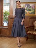 A-Linie/Princess-Linie Chiffon Spitze U-Ausschnitt 3/4 Ärmel Wadenlang Kleider für die Brautmutter