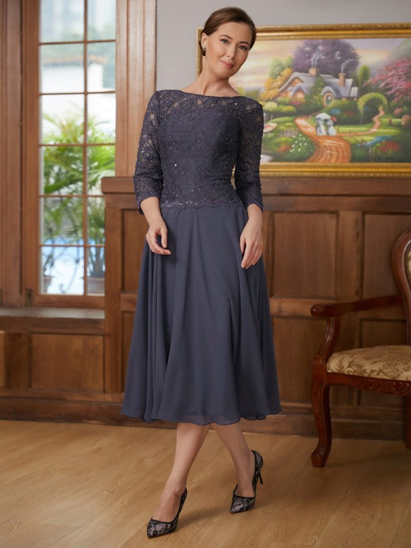 A-Linie/Princess-Linie Chiffon Spitze U-Ausschnitt 3/4 Ärmel Wadenlang Kleider für die Brautmutter