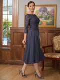 A-Linie/Princess-Linie Chiffon Spitze U-Ausschnitt 3/4 Ärmel Wadenlang Kleider für die Brautmutter