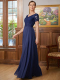 A-Line/Princess Chiffon Lace V-neck Short Sleeves Floor-Length Mother of the Bride Dresses
