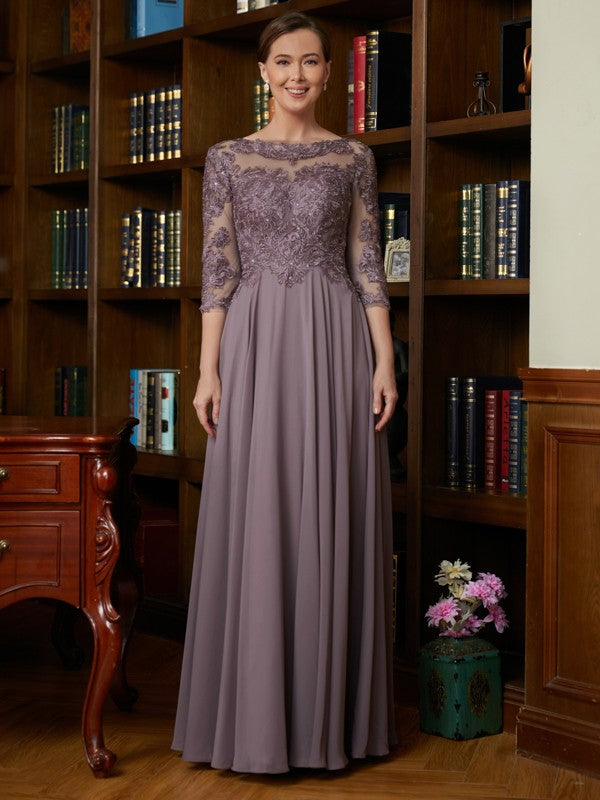 A-Linie/Princess-Linie Chiffon Spitze U-Ausschnitt 3/4-Ärmel Bodenlang Brautmutterkleider