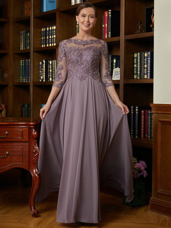 A-Linie/Princess-Linie Chiffon Spitze U-Ausschnitt 3/4-Ärmel Bodenlang Brautmutterkleider