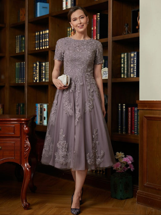A-Line/Princess Tulle Lace Scoop Short Sleeves Tea-Length Mother of the Bride Dresses