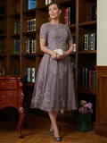 A-Line/Princess Tulle Lace Scoop Short Sleeves Tea-Length Mother of the Bride Dresses