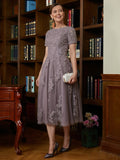 A-Line/Princess Tulle Lace Scoop Short Sleeves Tea-Length Mother of the Bride Dresses