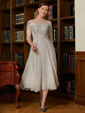 A-Linie/Princess-Linie Chiffon Spitze U-Ausschnitt 3/4 Ärmel Wadenlang Kleider für die Brautmutter #TD16055TD0026
