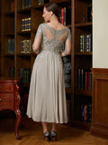 A-Linie/Princess-Linie Chiffon Spitze U-Ausschnitt 3/4 Ärmel Wadenlang Kleider für die Brautmutter #TD16055TD0026