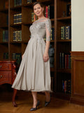 A-Linie/Princess-Linie Chiffon Spitze U-Ausschnitt 3/4 Ärmel Wadenlang Kleider für die Brautmutter #TD16055TD0026