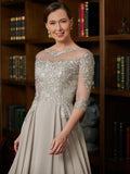 A-Linie/Princess-Linie Chiffon Spitze U-Ausschnitt 3/4 Ärmel Wadenlang Kleider für die Brautmutter #TD16055TD0026