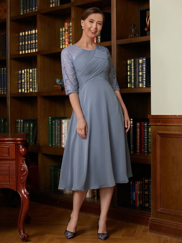 A-Linie/Princess-Linie Chiffon Spitze U-Ausschnitt 1/2 Ärmel Wadenlang Kleider für die Brautmutter